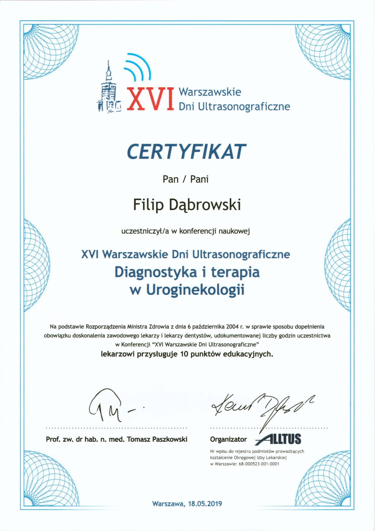 dr n. med. Filip A. Dąbrowski - Certyfikat Diagnostyka i terapia w Uroginekologii.jpg